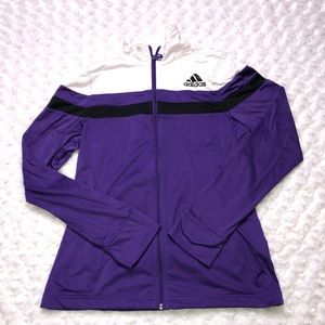 Adidas zip up jacket size small with purple, black and white colors. EUC